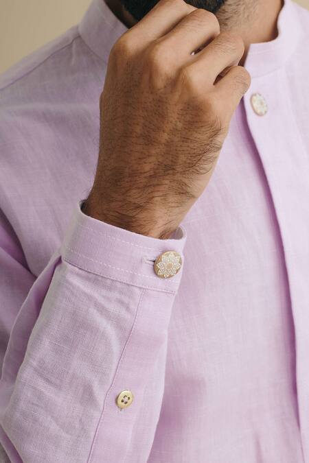 Philocaly_Purple 100% Linen Mandarin Collar Kurta_at_Aza_Fashions