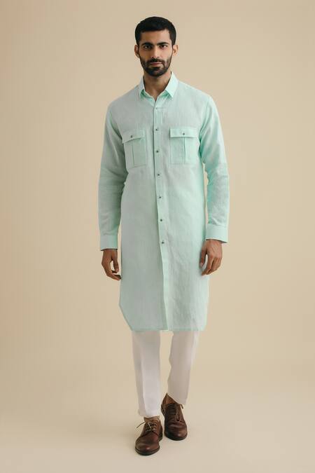 Shop Philocaly Green 100% Linen Button Down Kurta at Aza Fashions Shop_Philocaly_Green 100% Linen Button Down Kurta_at_Aza_Fashions
