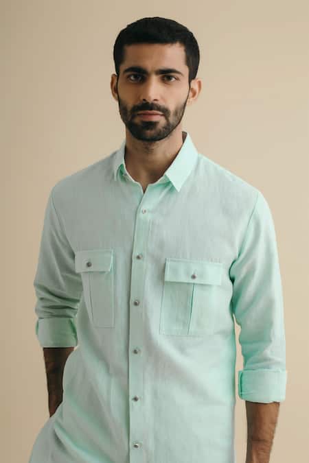 Philocaly Green 100% Linen Button Down Kurta Online at Aza Fashions Philocaly_Green 100% Linen Button Down Kurta_Online_at_Aza_Fashions