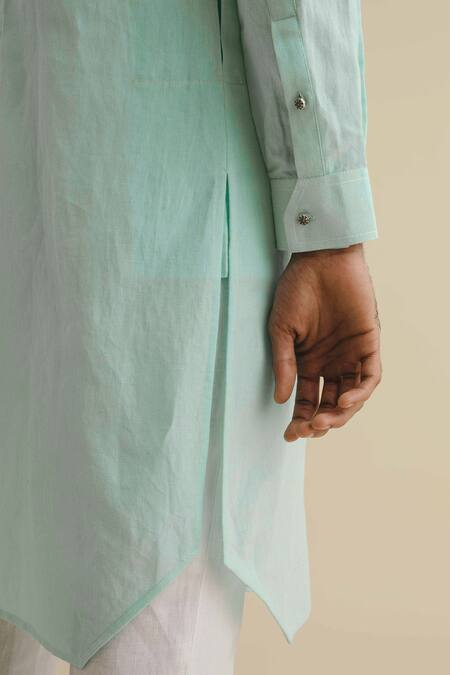 Philocaly Green 100% Linen Button Down Kurta at Aza Fashions Philocaly_Green 100% Linen Button Down Kurta_at_Aza_Fashions