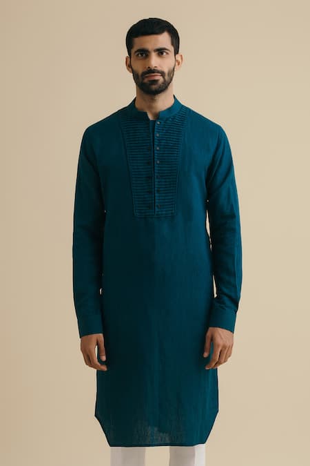 Buy Blue 100% Linen Mandarin Collar Kurta For Men by Philocaly Online ...