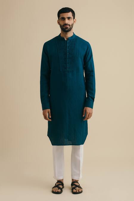 Philocaly_Blue 100% Linen Mandarin Collar Kurta_Online_at_Aza_Fashions