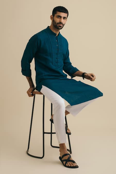 Buy_Philocaly_Blue 100% Linen Mandarin Collar Kurta_Online_at_Aza_Fashions