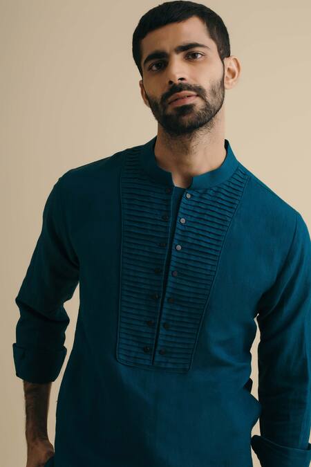Shop_Philocaly_Blue 100% Linen Mandarin Collar Kurta_Online_at_Aza_Fashions
