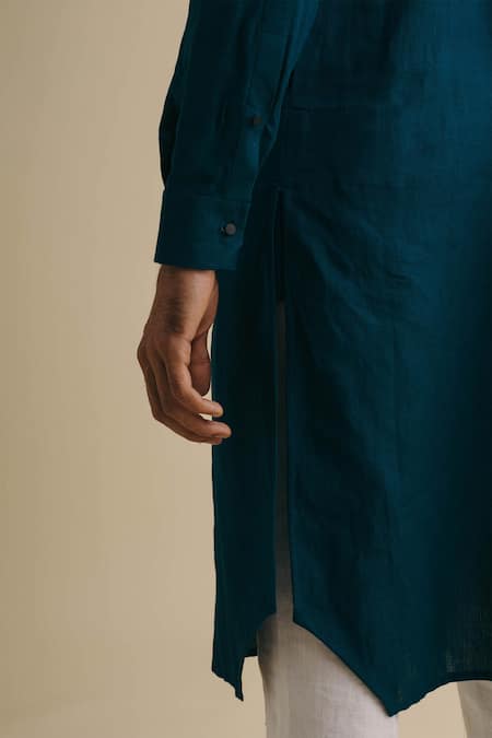 Philocaly_Blue 100% Linen Mandarin Collar Kurta_at_Aza_Fashions
