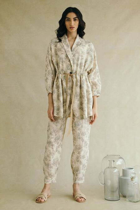 Cord_White Jacket Cotton Rayon Pant Linen Floral Print And Set_Online_at_Aza_Fashions