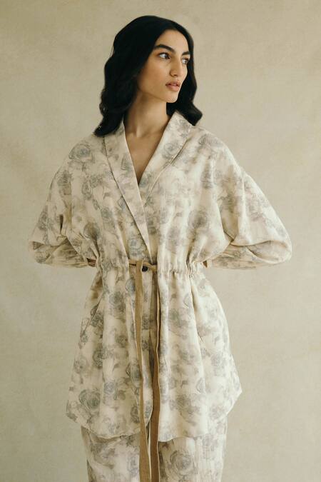 Shop_Cord_White Jacket Cotton Rayon Pant Linen Floral Print And Set_Online_at_Aza_Fashions