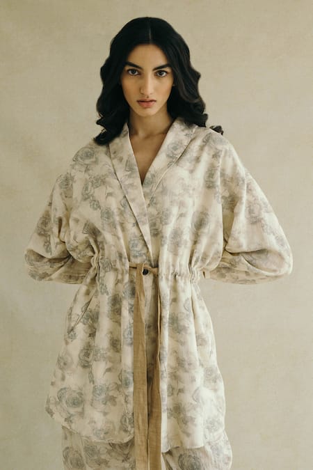 Cord_White Jacket Cotton Rayon Pant Linen Floral Print And Set_at_Aza_Fashions