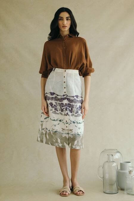 Buy White Cotton Rayon Printed Midi Skirt For Women by Cord Online