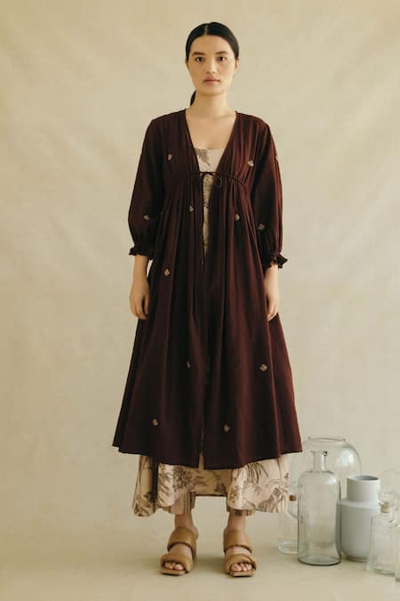 Cord Maroon Cotton Moss Embroidered Jacket And Kurta Set