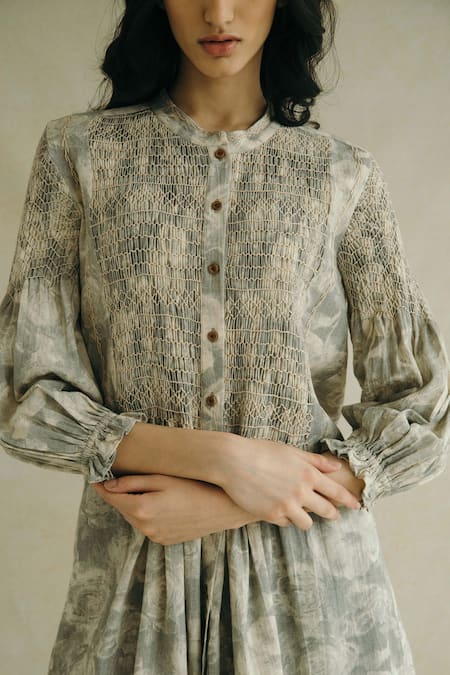 Cord_Grey Cotton Slub Floral Print Tunic _at_Aza_Fashions