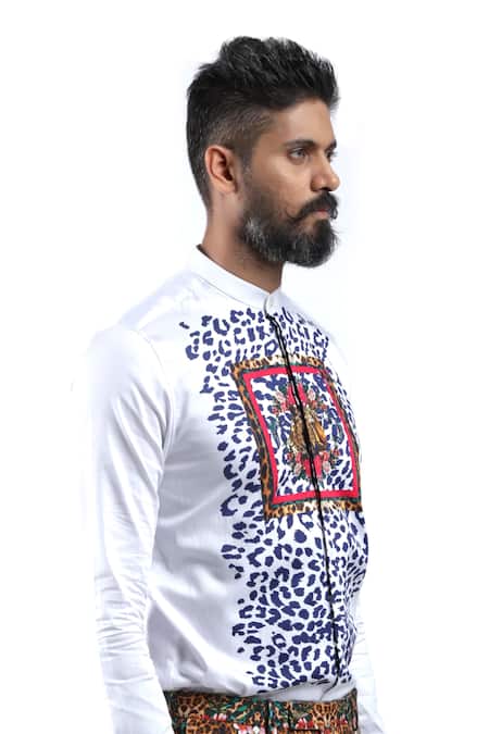 MR. Ajay Kumar White Cotton Digital Print Animal And Floral Luxe Shirt Online at Aza Fashions MR. Ajay Kumar_White Cotton Digital Print Animal And Floral Luxe Shirt _Online_at_Aza_Fashions