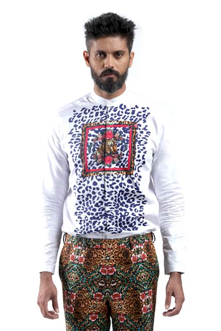 Shop MR. Ajay Kumar White Cotton Digital Print Animal And Floral Luxe Shirt Online at Aza Fashions Shop_MR. Ajay Kumar_White Cotton Digital Print Animal And Floral Luxe Shirt _Online_at_Aza_Fashions