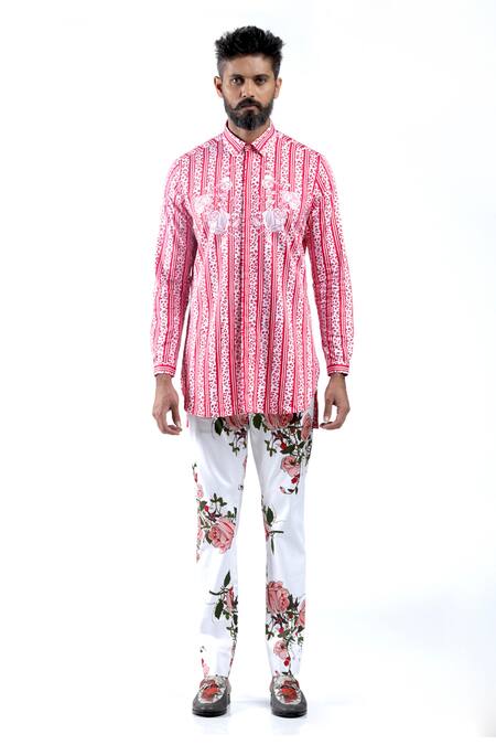 MR. Ajay Kumar Pink Cotton Embroidery Digital Print Animal And Rose Motif Shirt 