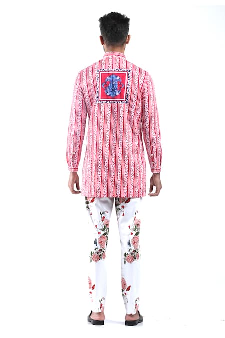 Shop MR. Ajay Kumar Pink Cotton Embroidery Digital Print Animal And Rose Motif Shirt at Aza Fashions Shop_MR. Ajay Kumar_Pink Cotton Embroidery Digital Print Animal And Rose Motif Shirt _at_Aza_Fashions