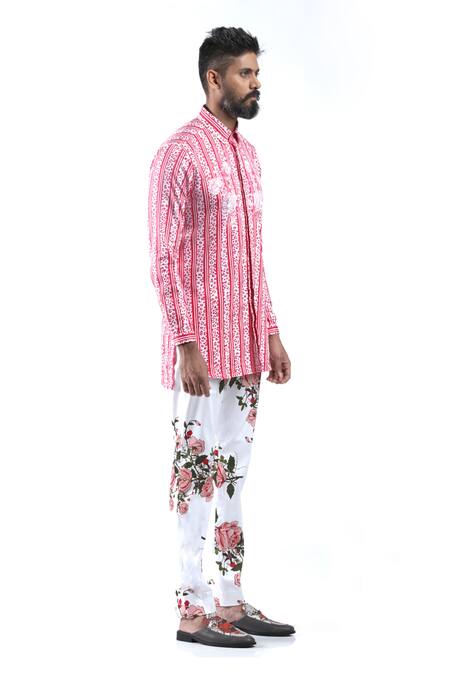 MR. Ajay Kumar Pink Cotton Embroidery Digital Print Animal And Rose Motif Shirt Online at Aza Fashions MR. Ajay Kumar_Pink Cotton Embroidery Digital Print Animal And Rose Motif Shirt _Online_at_Aza_Fashions