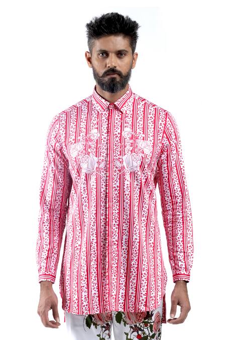 Shop MR. Ajay Kumar Pink Cotton Embroidery Digital Print Animal And Rose Motif Shirt Online at Aza Fashions Shop_MR. Ajay Kumar_Pink Cotton Embroidery Digital Print Animal And Rose Motif Shirt _Online_at_Aza_Fashions