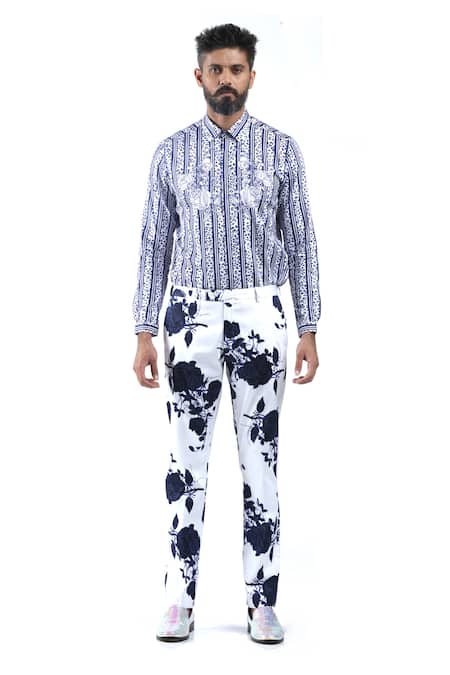 MR. Ajay Kumar Blue Cotton Digital Print Animal And Rose Flower Shirt 
