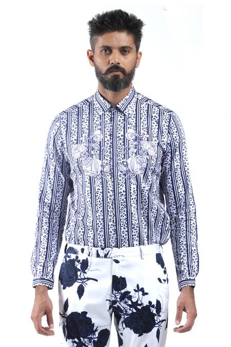 MR. Ajay Kumar Blue Cotton Digital Print Animal And Rose Flower Shirt Online at Aza Fashions MR. Ajay Kumar_Blue Cotton Digital Print Animal And Rose Flower Shirt _Online_at_Aza_Fashions