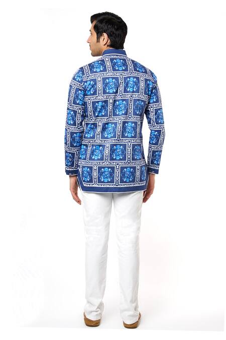 Shop MR. Ajay Kumar Blue Cotton Digital Print Jacket Style Luxe Shirt at Aza Fashions Shop_MR. Ajay Kumar_Blue Cotton Digital Print Jacket Style Luxe Shirt _at_Aza_Fashions
