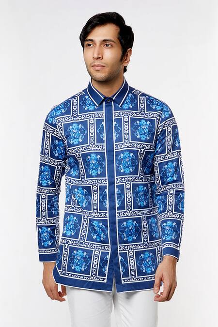MR. Ajay Kumar Blue Cotton Digital Print Jacket Style Luxe Shirt Online at Aza Fashions MR. Ajay Kumar_Blue Cotton Digital Print Jacket Style Luxe Shirt _Online_at_Aza_Fashions