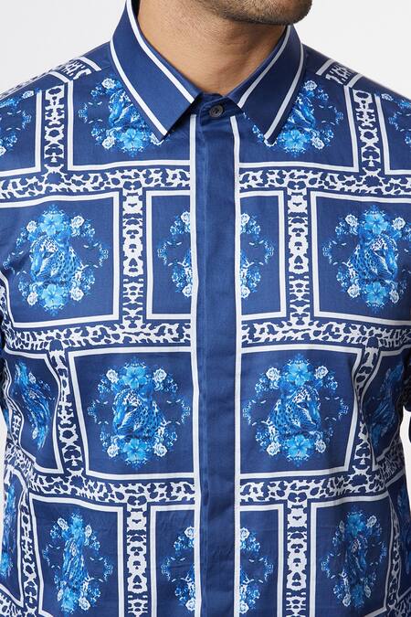 MR. Ajay Kumar Blue Cotton Digital Print Jacket Style Luxe Shirt at Aza Fashions MR. Ajay Kumar_Blue Cotton Digital Print Jacket Style Luxe Shirt _at_Aza_Fashions