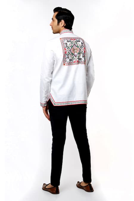 Shop_MR. Ajay Kumar_White Cotton Digital Printed Animal And Floral Motif Shirt _at_Aza_Fashions