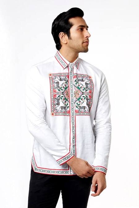 MR. Ajay Kumar_White Cotton Digital Printed Animal And Floral Motif Shirt _Online_at_Aza_Fashions