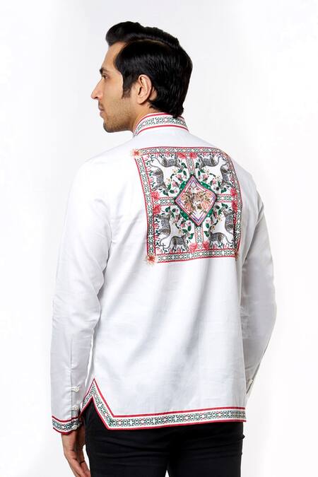 Buy_MR. Ajay Kumar_White Cotton Digital Printed Animal And Floral Motif Shirt _Online_at_Aza_Fashions