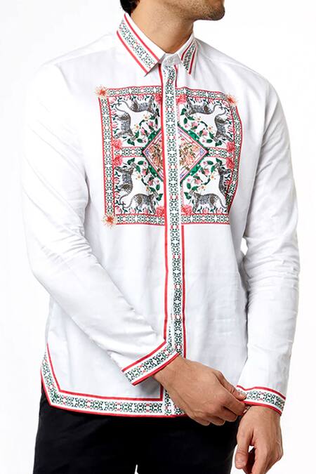 Shop_MR. Ajay Kumar_White Cotton Digital Printed Animal And Floral Motif Shirt _Online_at_Aza_Fashions