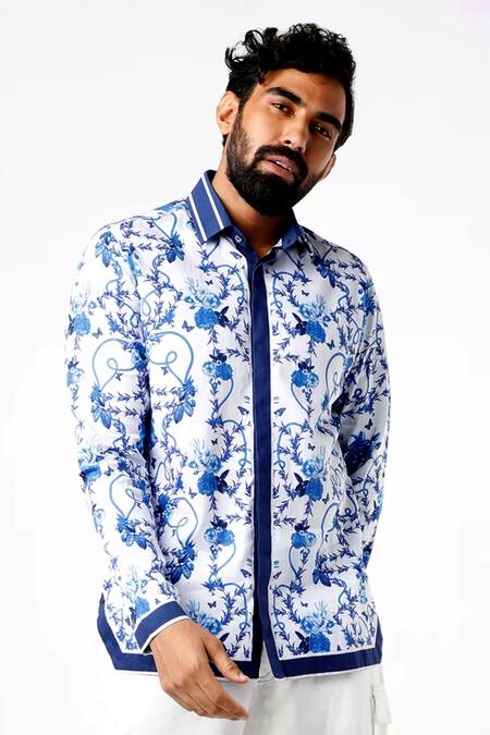 MR. Ajay Kumar White Cotton Printed Floral Motif Shirt Online at Aza Fashions MR. Ajay Kumar_White Cotton Printed Floral Motif Shirt _Online_at_Aza_Fashions