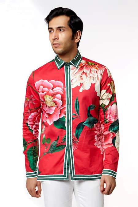 MR. Ajay Kumar_Red Cotton Floral Motif Digital Print Shirt _Online_at_Aza_Fashions
