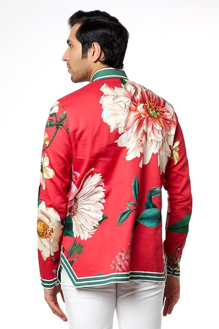 Buy_MR. Ajay Kumar_Red Cotton Floral Motif Digital Print Shirt _Online_at_Aza_Fashions