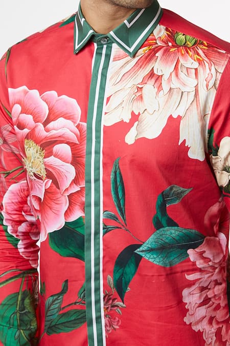Shop_MR. Ajay Kumar_Red Cotton Floral Motif Digital Print Shirt _Online_at_Aza_Fashions