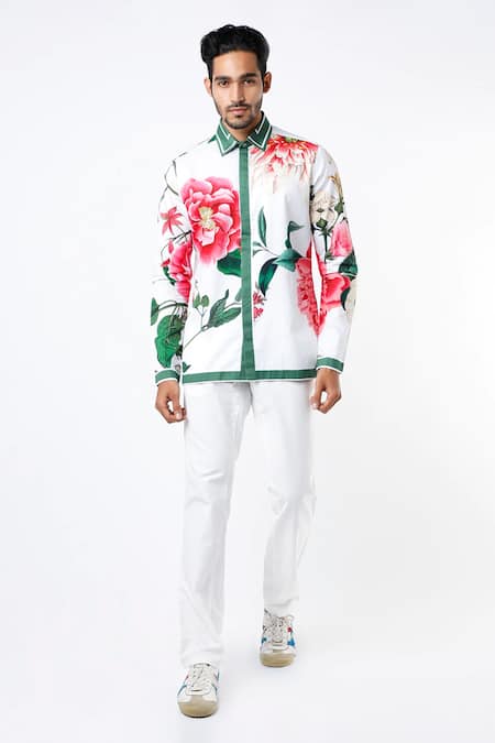 MR. Ajay Kumar White Cotton Floral Digital Print Shirt 
