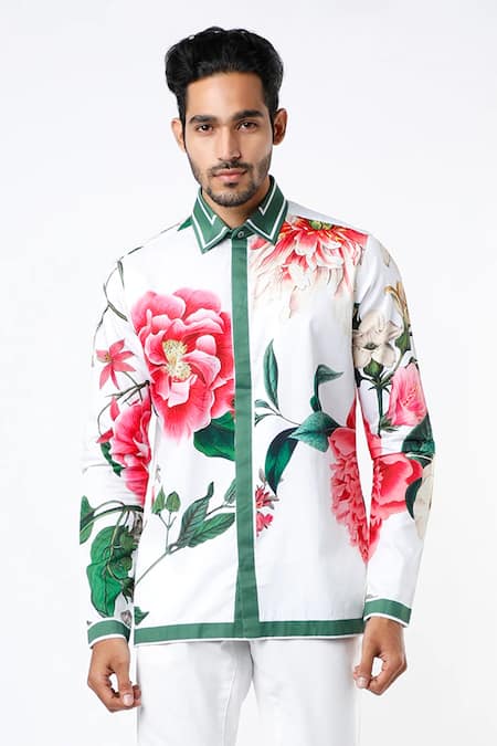 MR. Ajay Kumar White Cotton Floral Digital Print Shirt Online at Aza Fashions MR. Ajay Kumar_White Cotton Floral Digital Print Shirt _Online_at_Aza_Fashions