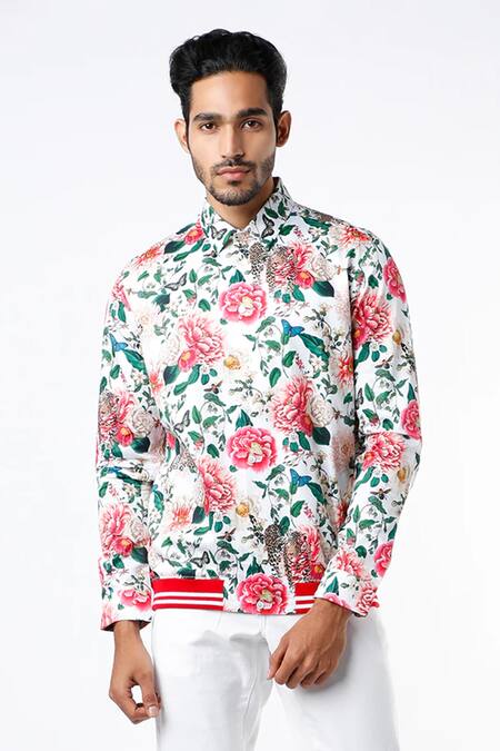 MR. Ajay Kumar Multi Color Cotton Floral Print Jacket Style Shirt Online at Aza Fashions MR. Ajay Kumar_Multi Color Cotton Floral Print Jacket Style Shirt _Online_at_Aza_Fashions