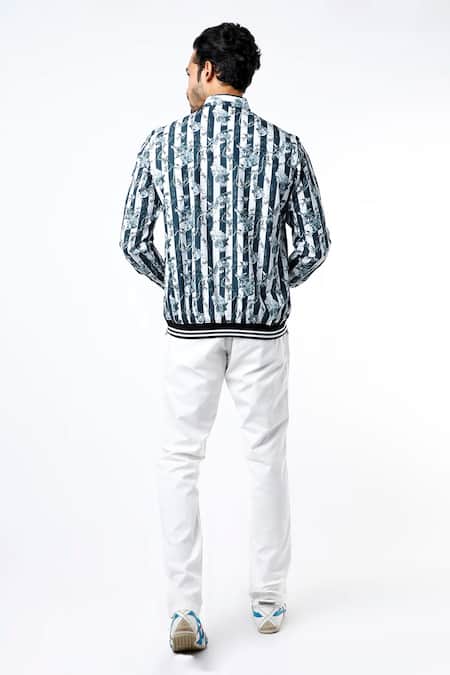 Shop MR. Ajay Kumar Black Cotton Striped And Floral Print Jacket Style Shirt at Aza Fashions Shop_MR. Ajay Kumar_Black Cotton Striped And Floral Print Jacket Style Shirt _at_Aza_Fashions
