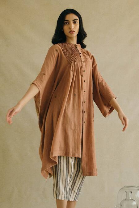 Cord Brown Cotton Poplin Embroidered Asymmetric Tunic 