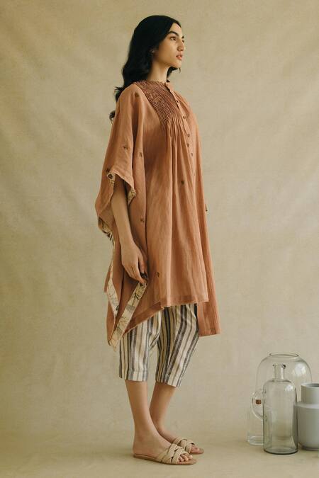 Cord_Brown Cotton Poplin Embroidered Asymmetric Tunic_Online_at_Aza_Fashions