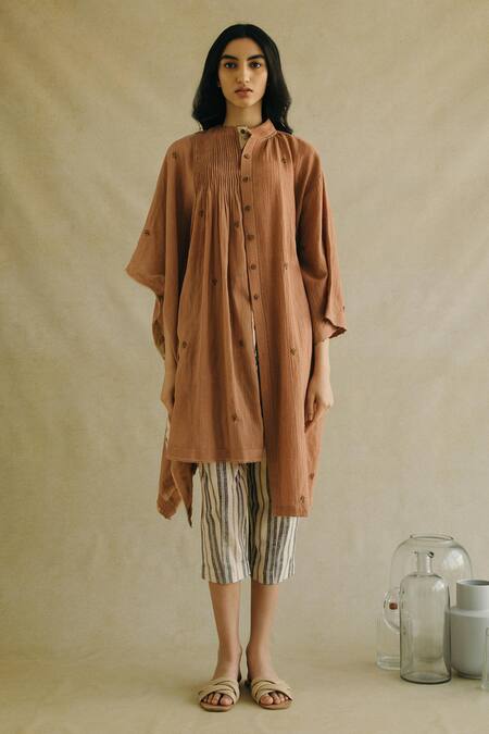 Buy_Cord_Brown Cotton Poplin Embroidered Asymmetric Tunic_Online_at_Aza_Fashions