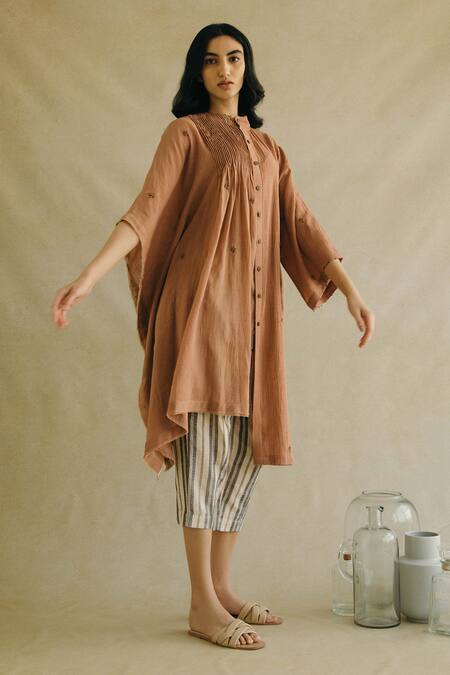 Shop_Cord_Brown Cotton Poplin Embroidered Asymmetric Tunic_Online_at_Aza_Fashions