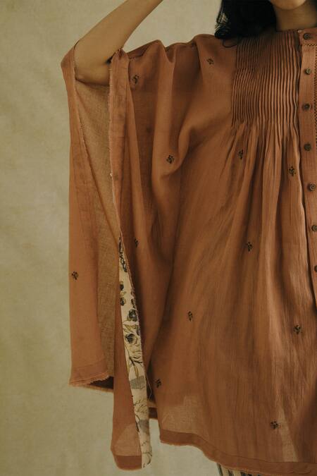 Cord_Brown Cotton Poplin Embroidered Asymmetric Tunic_at_Aza_Fashions