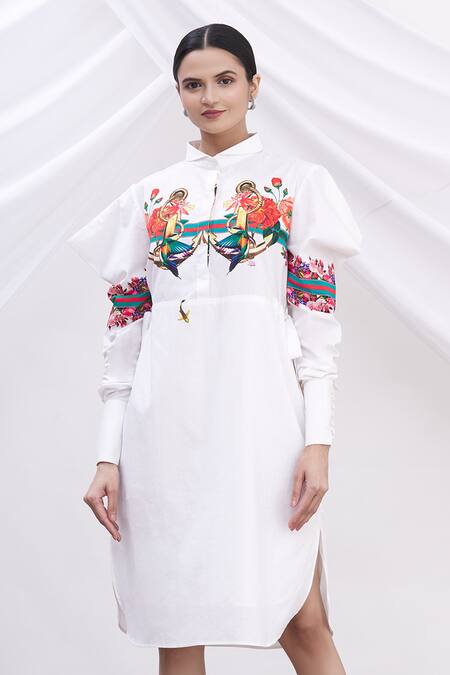 Shop MR. Ajay Kumar White Cotton Printed Shirt Dress Online at Aza Fashions Shop_MR. Ajay Kumar_White Cotton Printed Shirt Dress _Online_at_Aza_Fashions