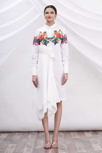 MR. Ajay Kumar_White Cotton Floral Motifs Shirt Band Collar Printed Dress _Online_at_Aza_Fashions