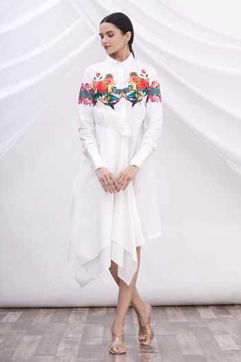 Buy_MR. Ajay Kumar_White Cotton Floral Motifs Shirt Band Collar Printed Dress _Online_at_Aza_Fashions