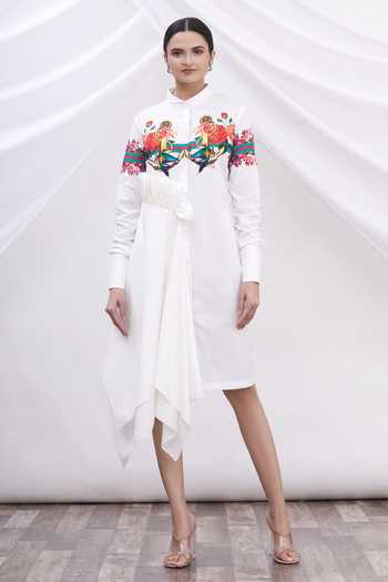 Shop_MR. Ajay Kumar_White Cotton Floral Motifs Shirt Band Collar Printed Dress _Online_at_Aza_Fashions