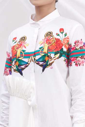 MR. Ajay Kumar_White Cotton Floral Motifs Shirt Band Collar Printed Dress _at_Aza_Fashions