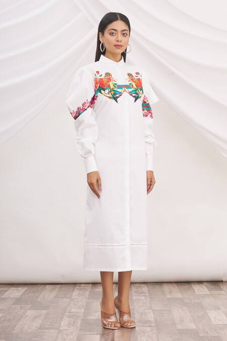 MR. Ajay Kumar White Cotton Printed Collared Neck Shirt Dress Online at Aza Fashions MR. Ajay Kumar_White Cotton Printed Collared Neck Shirt Dress _Online_at_Aza_Fashions