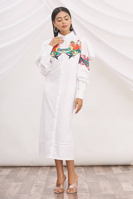 Buy MR. Ajay Kumar White Cotton Printed Collared Neck Shirt Dress Online at Aza Fashions Buy_MR. Ajay Kumar_White Cotton Printed Collared Neck Shirt Dress _Online_at_Aza_Fashions
